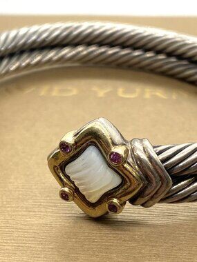 David Yurman Double Cable Sterling 18K Quatrefoil Carved Mother Pearl Bracelet